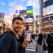 American traveler checking exchange rates at Tokyo's Shibuya Crossing.