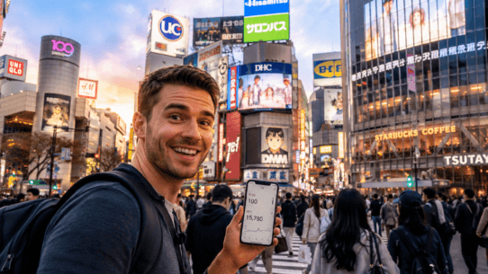 American traveler checking exchange rates at Tokyo's Shibuya Crossing.