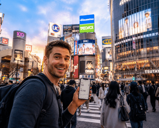 American traveler checking exchange rates at Tokyo's Shibuya Crossing.