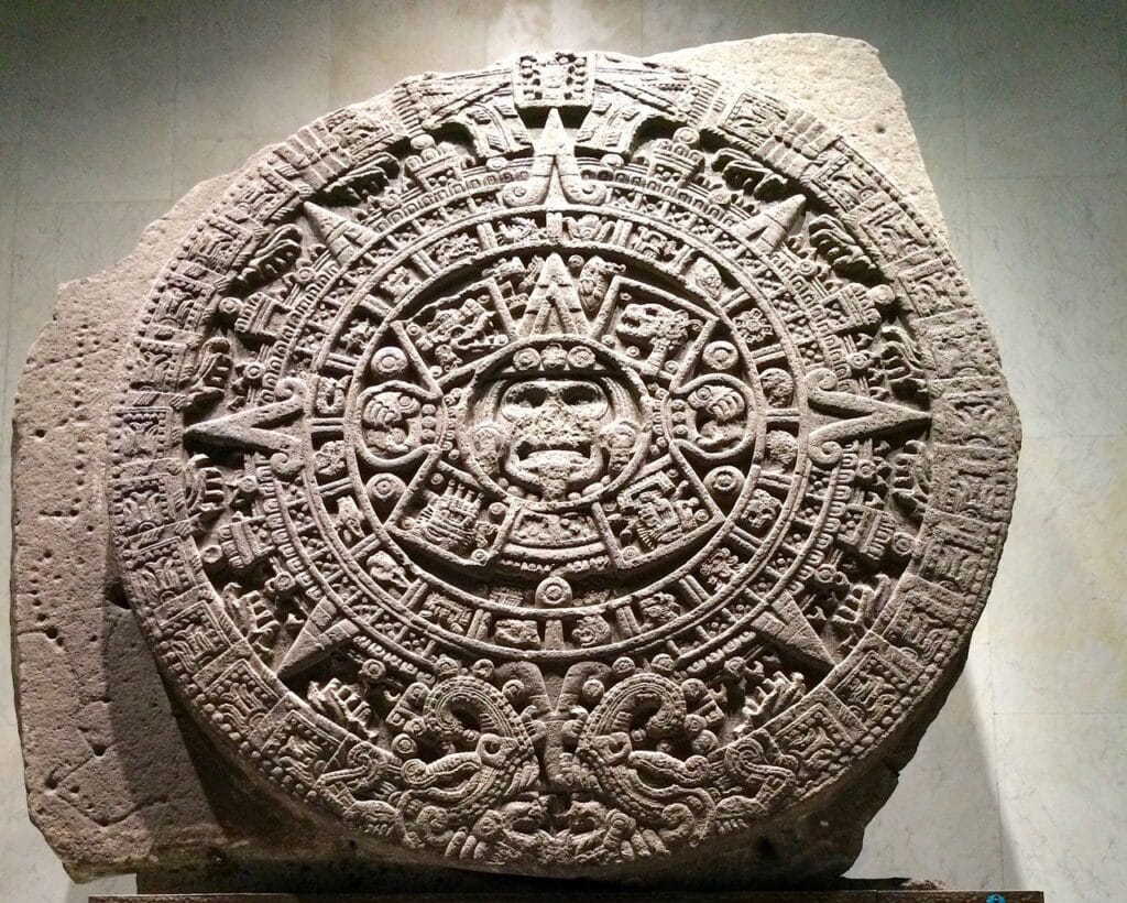 The famous Aztec Calendar Stone displayed at the National Museum of Anthropology in Mexico City.