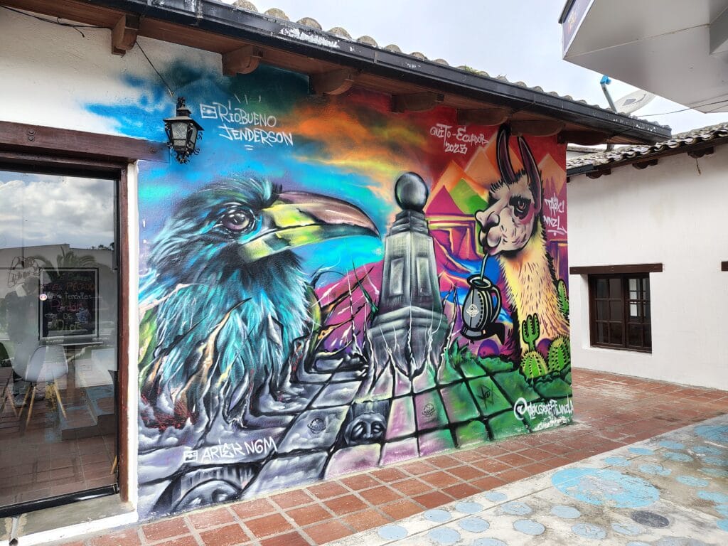 Mural depicting an Andean condor and llama inside Ciudad Mitad del Mundo.