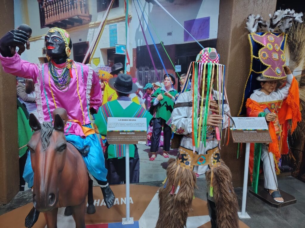 Colorful traditional festival costumes displayed inside the Ethnographic Museum at Mitad del Mundo in Ecuador.