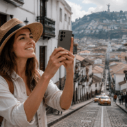 Female traveler using the Samsung Galaxy S26 Ultra to photograph a historic city during her travels