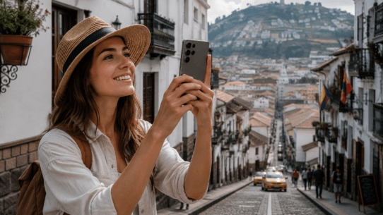 Female traveler using the Samsung Galaxy S26 Ultra to photograph a historic city during her travels