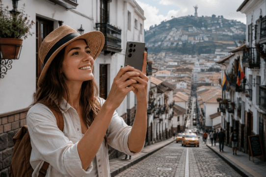 Female traveler using the Samsung Galaxy S26 Ultra to photograph a historic city during her travels