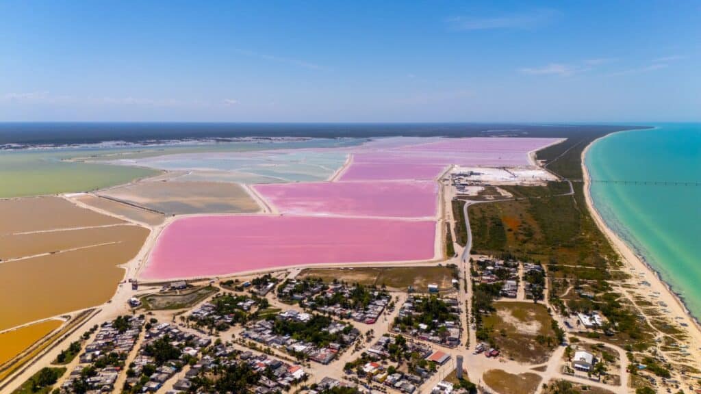 Aerial view of the pink salt lakes of Las Coloradas on Mexico's Yucatán Peninsula.
