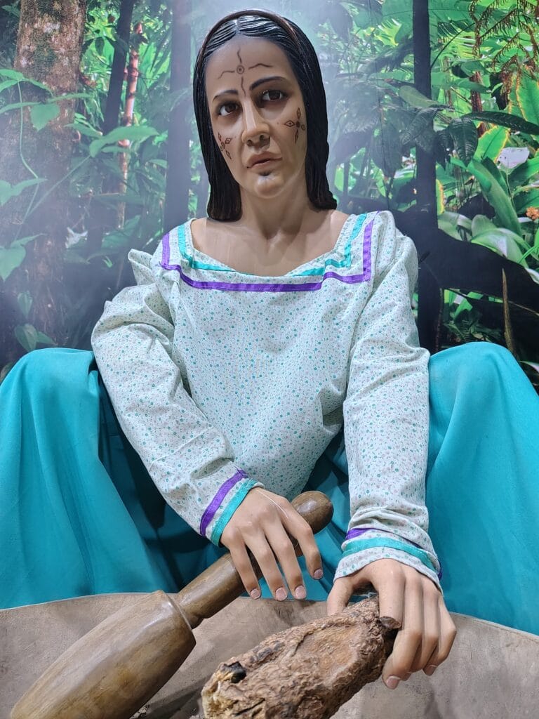 Traditional Amazonian food preparation exhibit inside the Mitad del Mundo museum.