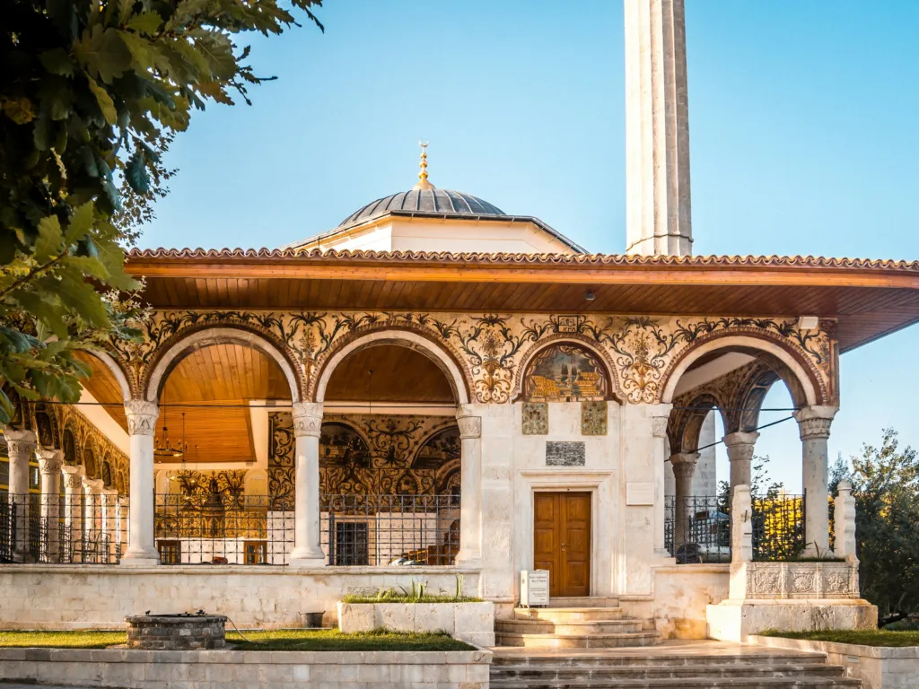 The Et'hem Bey Mosque on Skanderbeg Square in Tirana, Albania, on a sunny day