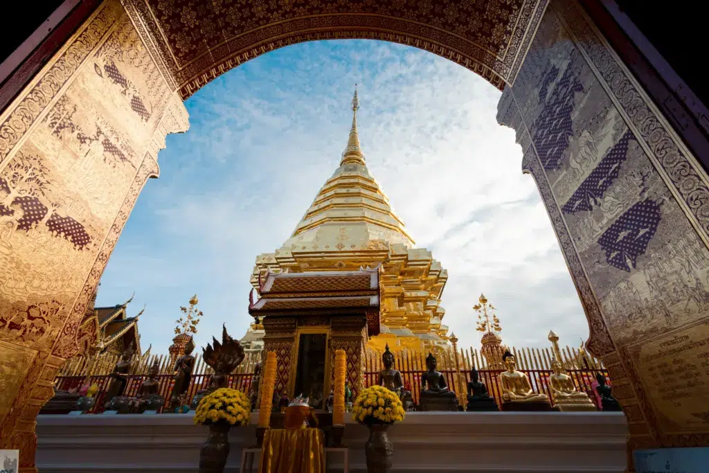 The entrance arch to the Wat Phra That Doi Suthep temple on the mountain above Chiang Mai, Thailand