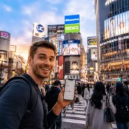 Viajante americano conferindo as taxas de câmbio em Shibuya Crossing, em Tóquio.