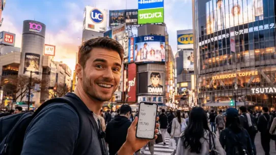 Viajante americano conferindo as taxas de câmbio em Shibuya Crossing, em Tóquio.