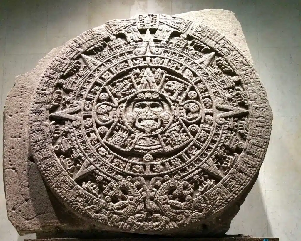 The famous Aztec Calendar Stone displayed at the National Museum of Anthropology in Mexico City.