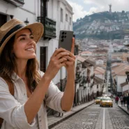 Female traveler using the Samsung Galaxy S26 Ultra to photograph a historic city during her travels