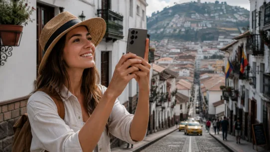 Female traveler using the Samsung Galaxy S26 Ultra to photograph a historic city during her travels