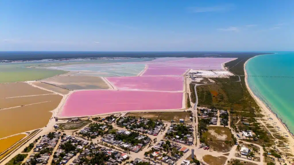 Aerial view of the pink salt lakes of Las Coloradas on Mexico's Yucatán Peninsula.
