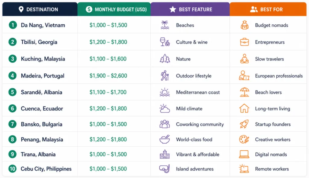 Comparison chart of the top 10 emerging digital nomad destinations showing monthly budget, best feature, and ideal traveler type for Da Nang, Tbilisi, Kuching, Madeira, Sarandë, Cuenca, Bansko, Penang, Tirana, and Cebu City.